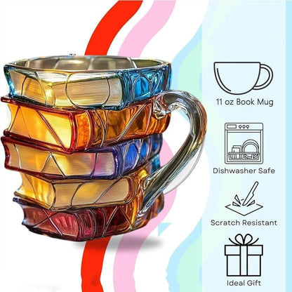 💟Innovative 3D Painting Book Coffee Cup, Unique Stacked Book Mug, Perfect Gift for Literature Lovers, Creative Colorful Book Gift