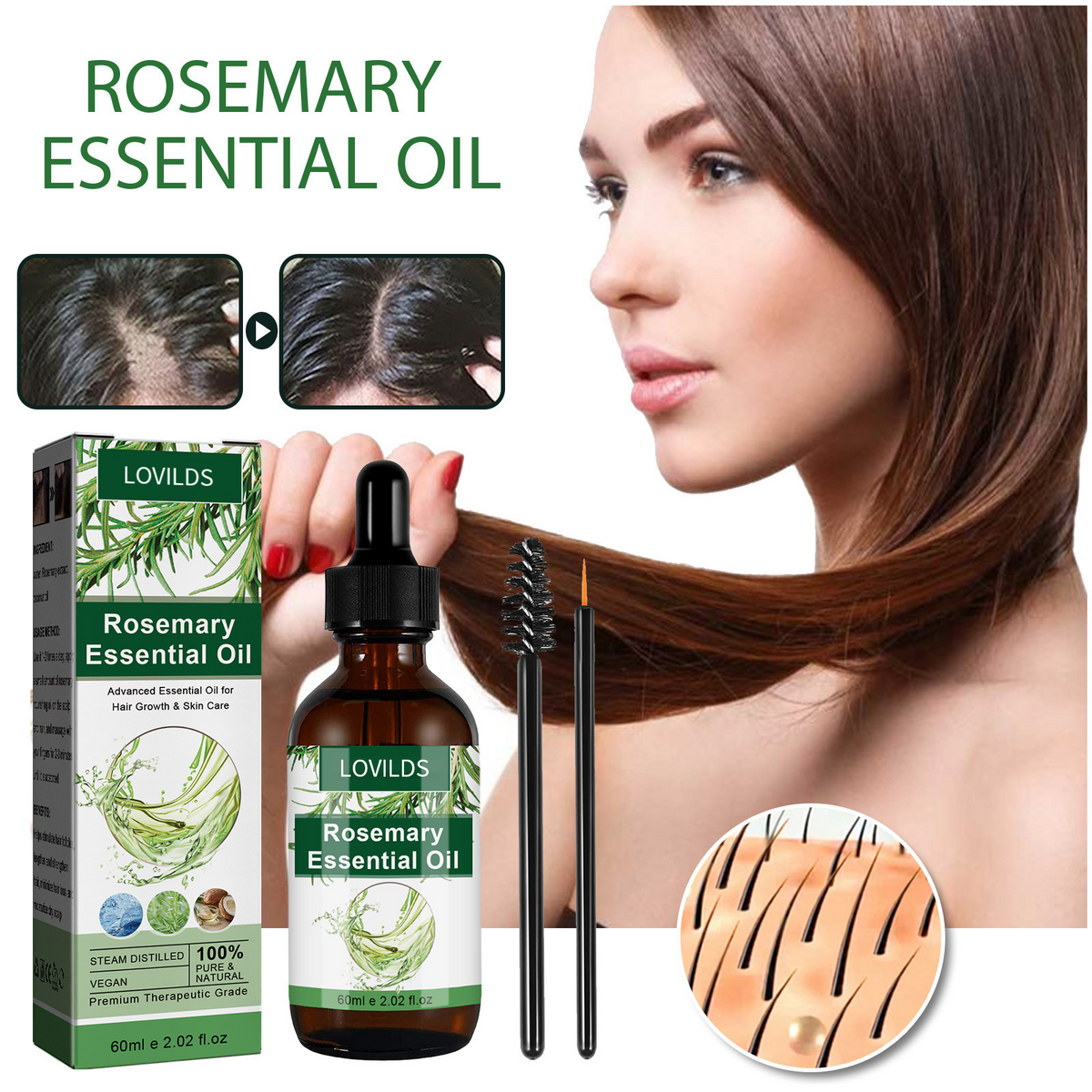 LOVILDS Rosemary Essential Oil – Strengthens Hair  Promotes Thicker Growth  Deeply Nourishing & Multi-Use for Scalp and Skin Care
